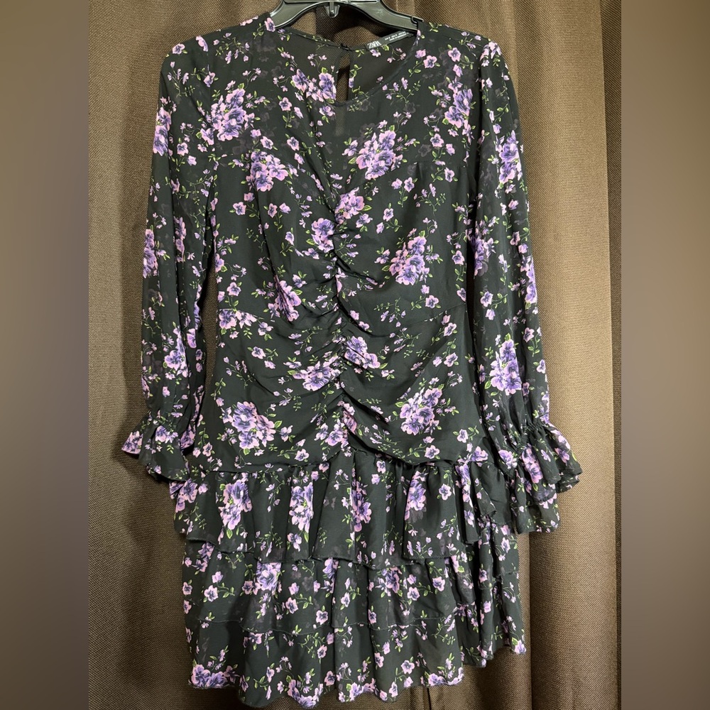 Zara Black and Purple Floral Long Sleeve mini Dress